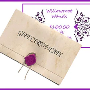 Gift certificate for Willowroot Wands priced at $100.00, sealed with purple wax stamp