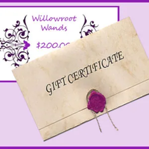 Gift certificate for Willowroot Wands worth $200.00, displayed as a cream-colored sealed envelope with purple wax seal