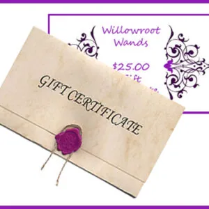 Gift certificate in cream envelope with purple wax seal next to product card for Willowroot Wands priced at $25.00