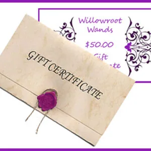 Beige gift certificate envelope with purple wax seal next to purple-bordered card for Willowroot Wands $50 gift certificate