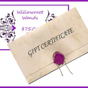 Gift certificate for Willowroot Wands valued at $75, displayed with purple wax seal