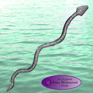 Long sinuous snake with patterned scales curved against turquoise water background
