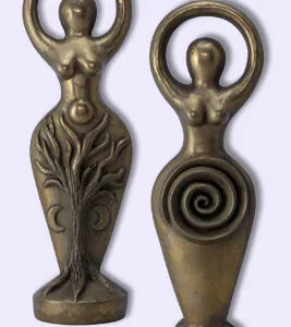 Two bronze goddess figurines with circular heads, one featuring spiral details and the other with carved leaf patterns on the lower body