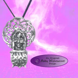 Silver pendant featuring a Celtic knotwork design with a face and cauldron base hanging from black cord against magenta background