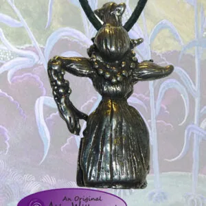 Bronze metal pendant featuring a figure with outstretched arms and ornate details, suspended on black cord