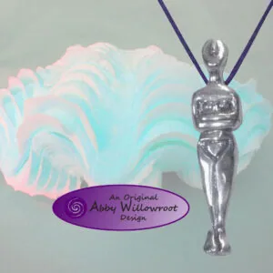 Silver figurine pendant on purple cord with pastel swirled background and designer logo