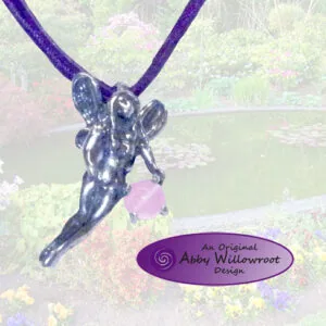 Sterling silver fairy pendant with purple cord and pink gemstone charm against garden background