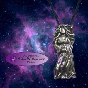 Pewter goddess pendant on cord against purple and blue nebula background with Abby Willowroot Design logo