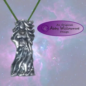 Sterling silver pendant depicting a draped goddess figure on green cord against purple nebula background