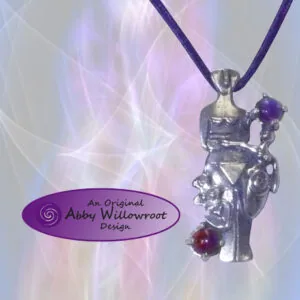 Sterling silver goddess pendant with purple stones on purple cord, with text reading 'An Original Abby Willowroot Design'
