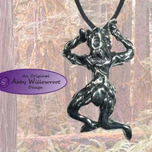 Black pewter pendant of a horned figure in running pose on black cord necklace, displayed against forest background