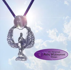 Sterling silver pendant featuring winged figure holding sphere on purple cord necklace