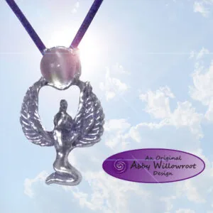 Sterling silver pendant featuring winged figure holding sphere on purple cord necklace