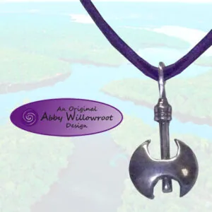Silver labrys double-headed axe pendant on purple cord with Abby Willowroot Design branding label