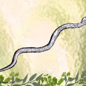 Ornate snake wand with coiled blue and white body design against leafy green background