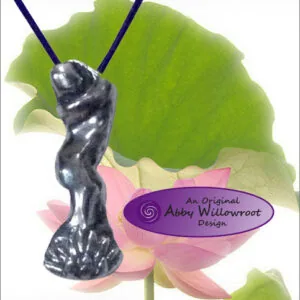 Sterling silver figurine of Kuan Yin on lotus flower pendant with navy cord, displayed against pink and green lotus flower backdrop