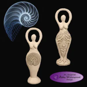 Blue spiral nautilus shell and two cream-colored goddess figurines with labyrinth and nature motifs