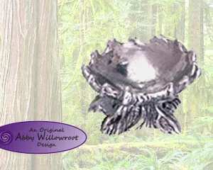 Large decorative bowl with textured sides and tree root-like base on forest background