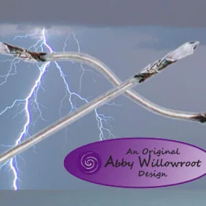 Ornate wand with spiral-wrapped handle against stormy sky with lightning bolts