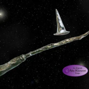 Wooden wand with pointed silver hat against starry night sky background