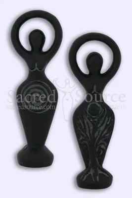 Two black goddess figurines with circular halos and feminine silhouettes on light background