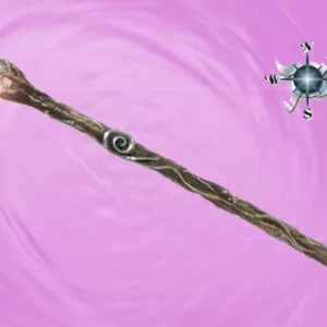 Ornate wooden wand with spiral carving and compass rose symbol on pink background