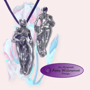 Sterling silver pendant featuring two stylized figures on a cord with decorative watercolor leaf elements in pink and blue