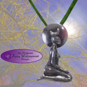 Sterling silver pendant featuring seated figure beneath moon with two green stems extending upward, on purple and gold textured background