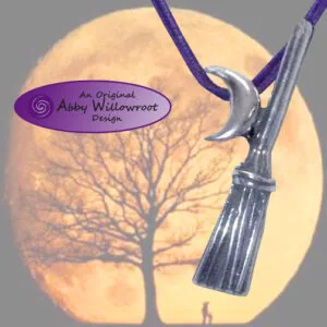 Sterling silver crescent moon and broomstick pendant on purple cord against full moon and bare tree background