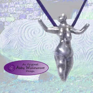Sterling silver pendant of abstract female form with arms raised, suspended from purple cord, with spiral patterned background and Abby Willowroot Design logo.