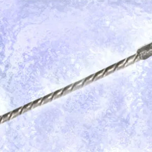Metal wand with twisted shaft and ornamental spherical pommel against textured lavender background