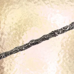 Long decorative wand with ornate pentacle sphere at top and intricate carved patterns along shaft