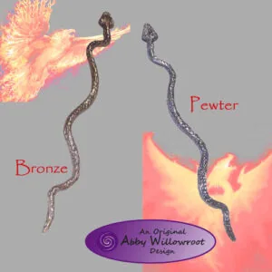 Two textured wands labeled Bronze and Pewter with fiery phoenix wings illustration and Abby Willowroot Design logo