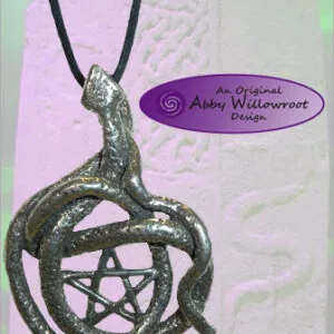 Snake coiled around pentagram star pendant on black cord necklace
