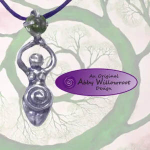 Silver spiral goddess pendant with purple cord on tree-patterned background