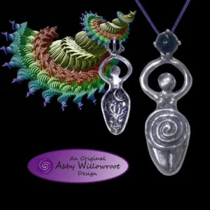 Colorful spiral goddess pendant in sterling silver with spiral design, displayed next to a microscopic organism illustration