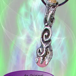 Pewter pendant with spiral design and pink stone on black cord against glowing green background