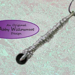 Pewter spiral twist wand pendant with black cord loop against textured background, featuring Abby Willowroot Design logo