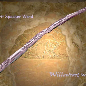 Long wooden wand with purple-tinted finish and carved details, displayed diagonally on a textured earth-toned background