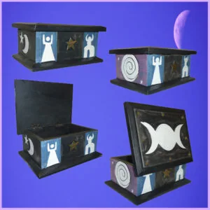 Black wooden boxes with moon phases, goddess figures, and celestial symbols on sides against purple background