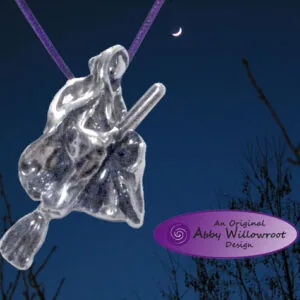 Sterling silver witch figure flying on broomstick pendant against night sky with crescent moon