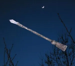 Wooden wand with white feather detail against dark blue night sky with crescent moon and bare branches below