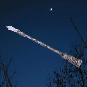 Wooden wand with white feather detail against dark blue night sky with crescent moon and bare branches below