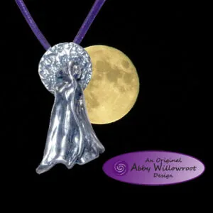 Sterling silver pendant featuring a textured fist with a full moon behind it on a purple cord