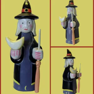 Wooden witch figurine with pointed hat, holding a crescent moon and broomstick, shown from three angles