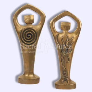 Two bronze figurative sculptures with abstract human forms and raised arms, left with spiral chest detail, right with flowing fabric pattern